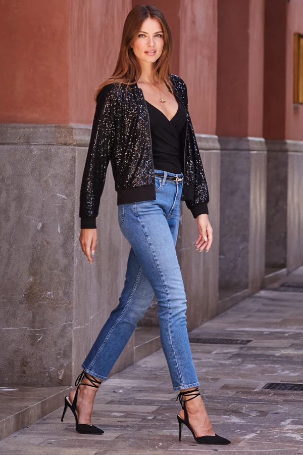 Black Sequin Bomber Jacket - Image 2