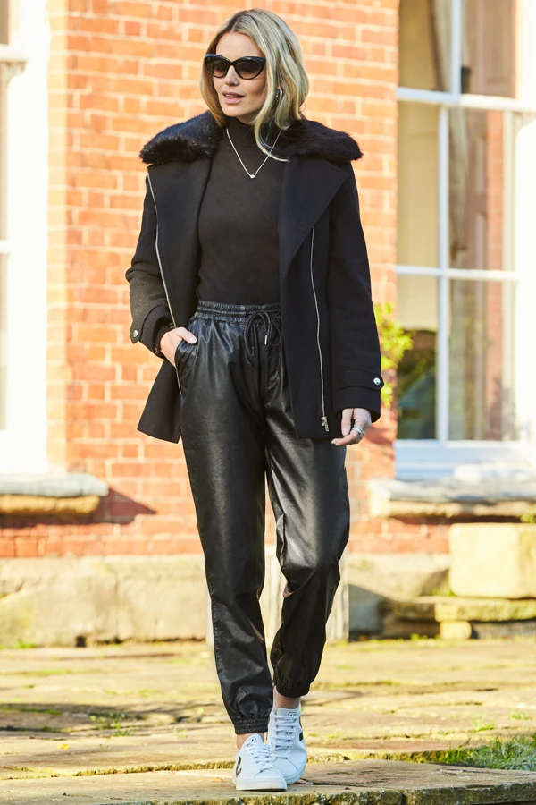 Black Leather Look Stretch Waist Joggers - Image 3
