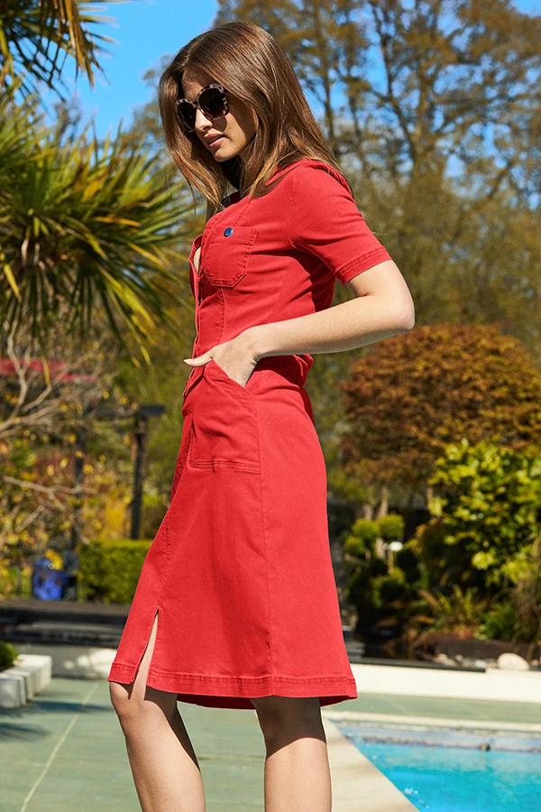 Red Popper Front Short Sleeve Stretch Denim Dress - Image 2