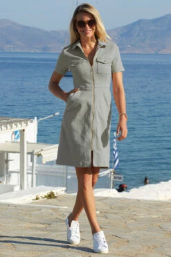 Sage Green Short Sleeve Zip Front Denim Dress With Pockets