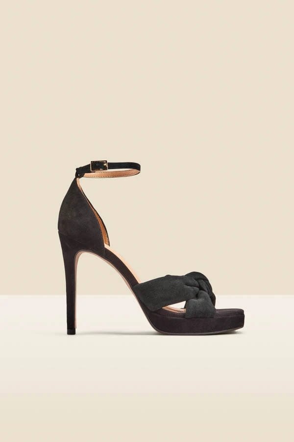 Black Nubuck Leather Knot Detail Platform Heel - Image 3