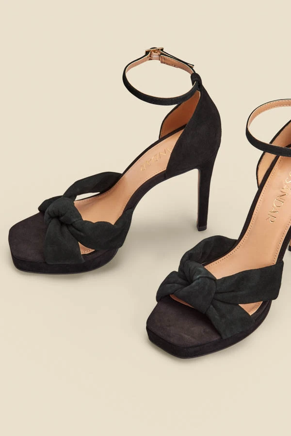 Black Nubuck Leather Knot Detail Platform Heel - Image 2